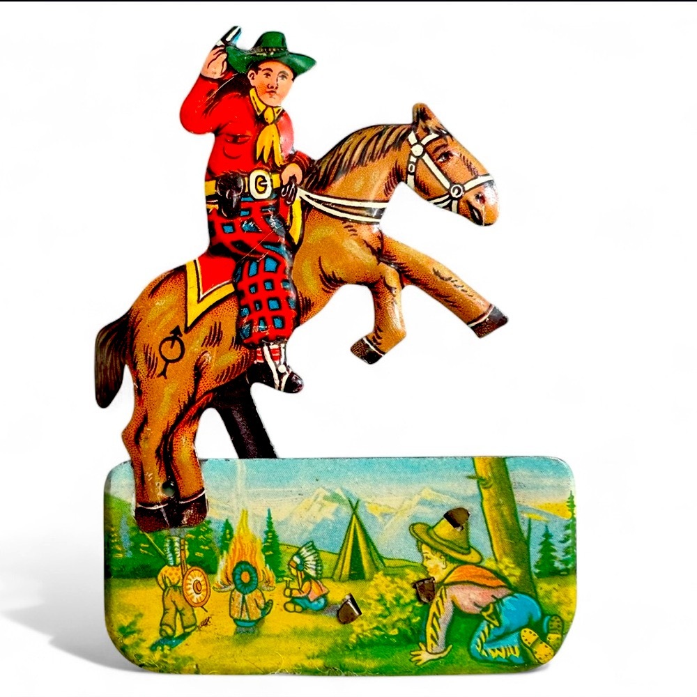 Vintage Tin Lithograph Clicker Toy Cowboy on Horse 4 in High